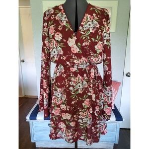 Maroon Floral Wrap Style Dress